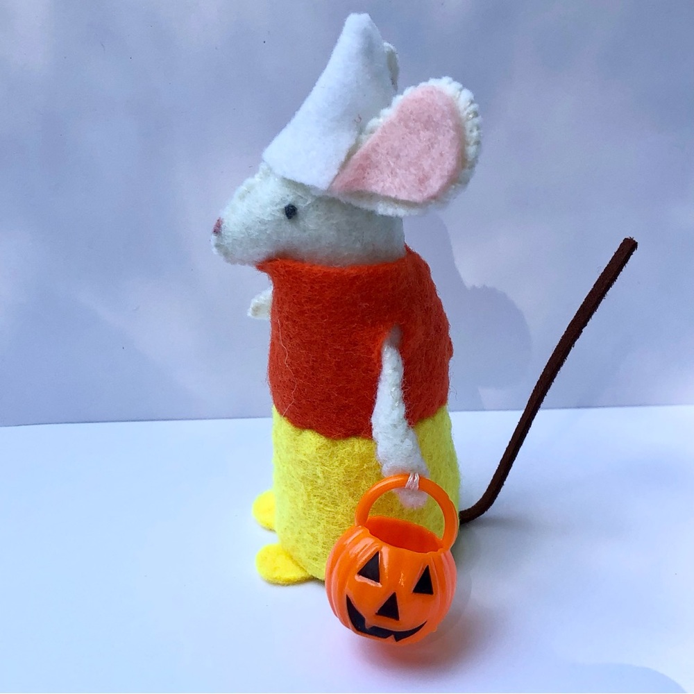 Candy Corn costume felt mouse art doll Halloween trick treat cake topper - Picture 4 of 6